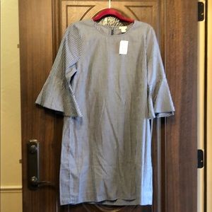 J crew pinstripe dress with bell sleeves.